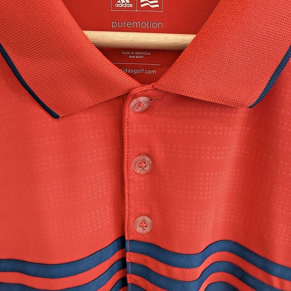 Adidas Golf Performance Striped PureMotion Polo Shirt Mens Sz 2XL Orange Blue